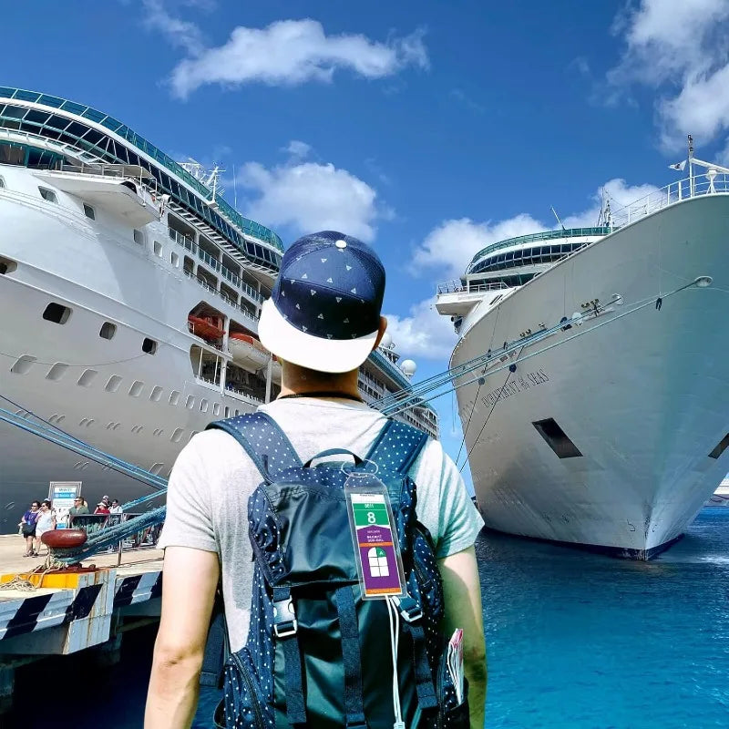 Una persona con una mochila y portador de etiquetas de equipaje frente a un gran crucero blanco.