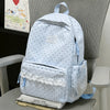 Light blue polka dot nylon travel backpack with a laptop compartment sitting on a gray chair.