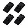 Four black adjustable luggage straps or buckles shown from different angles