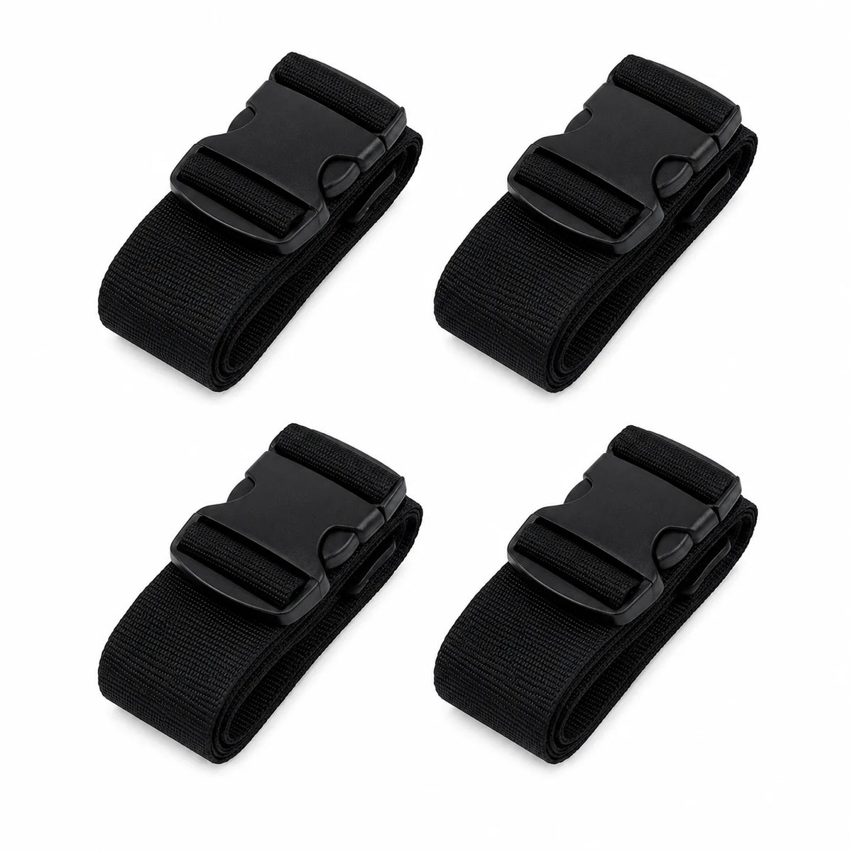 Four black adjustable luggage straps or buckles shown from different angles
