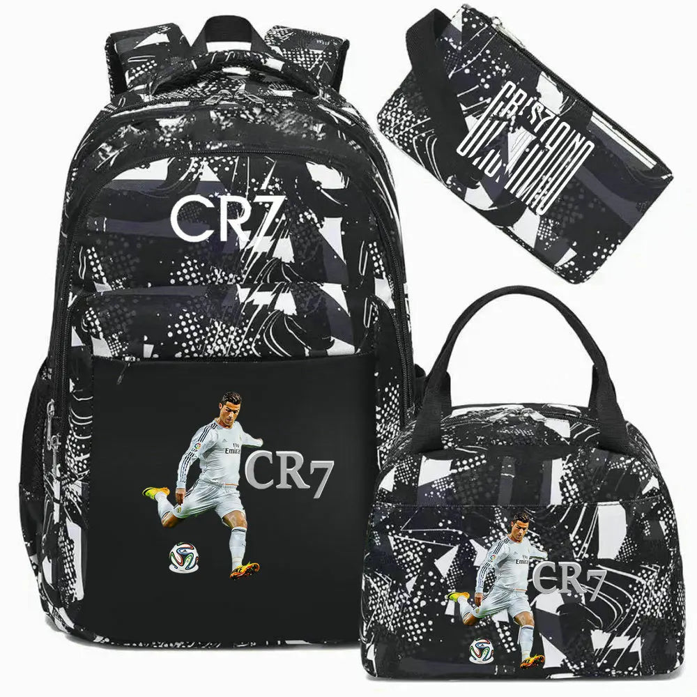 Black sports laptop backpack featuring a graphic of a soccer player and the initials CR7.