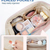 A padded makeup bag with strategically placed pockets showing various cosmetic items like palettes and brushes.