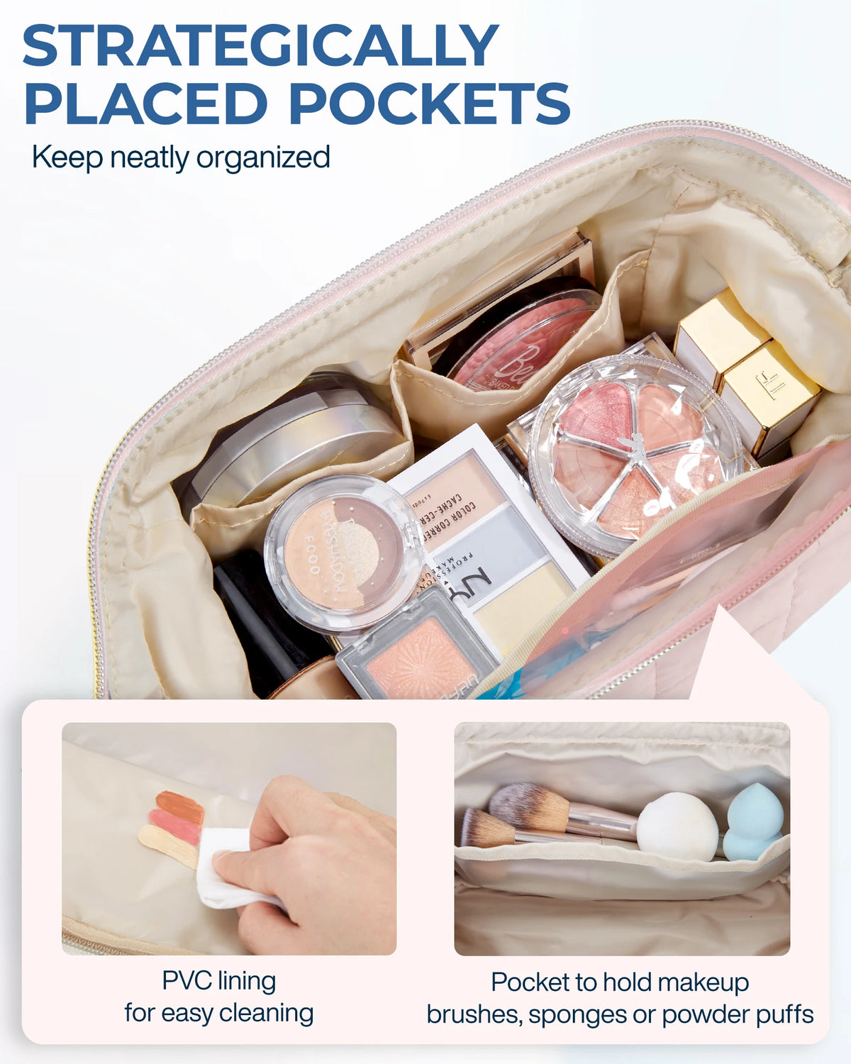 A padded makeup bag with strategically placed pockets showing various cosmetic items like palettes and brushes.