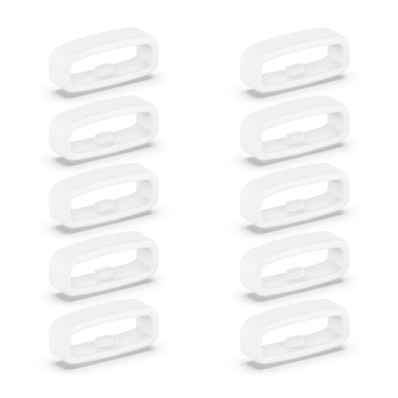 A set of five white silicone watch strap retainer rings shown against a white background.