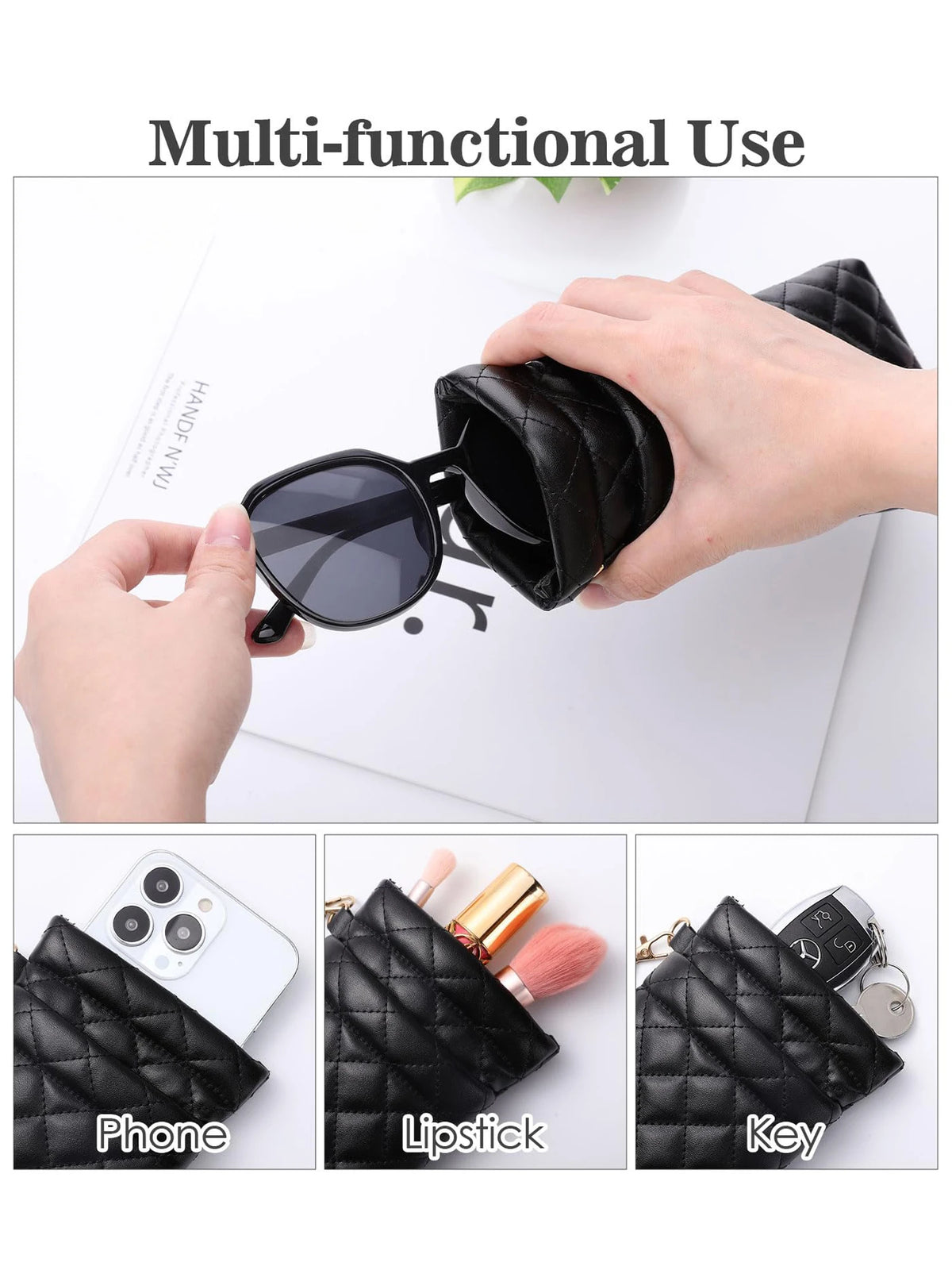 A black quilted PU leather multi-functional case being held, demonstrating its use for glasses, lipstick, and keys.