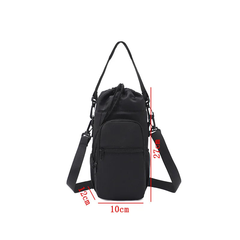 Black insulated water bottle crossbody bag with a separate phone pocket shown from above.