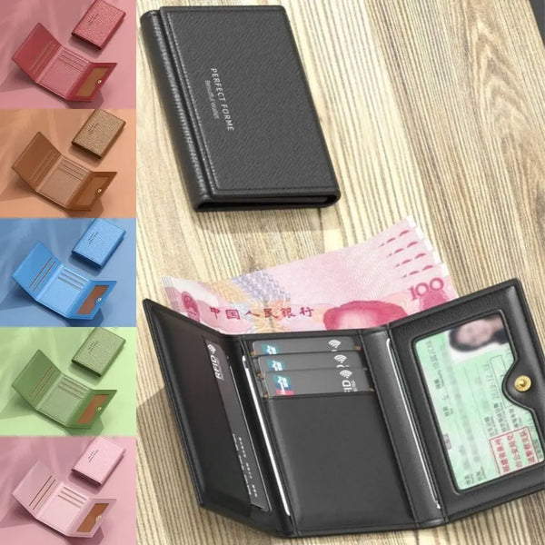 A black leather multi-card purse is shown with various colored cards and a passport visible inside.