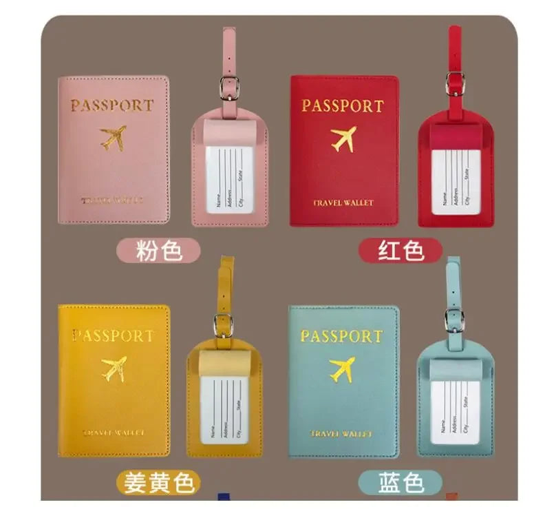 A collection of PU leather passport holders in pink, red, yellow, and green colors with leather straps.