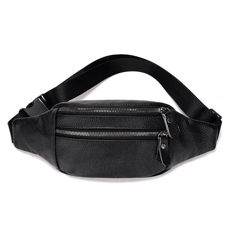Bolso cruz de cuero genuino negro con cierre de cremallera y correa ajustable.