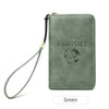A green leather passport holder with a strap and an embossed globe design.
