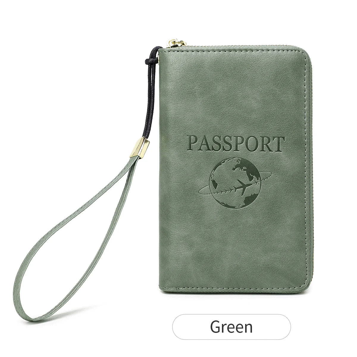 A green leather passport holder with a strap and an embossed globe design.