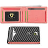 A pink slim leather card holder with a geometric design featuring a black card slot and a silver logo.