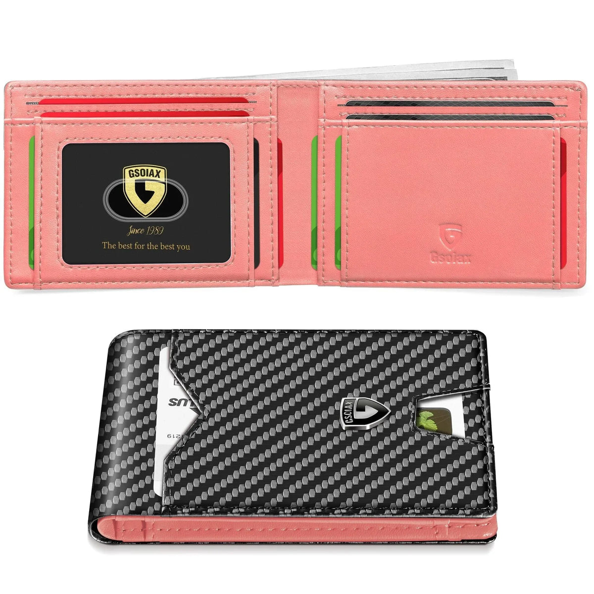 A pink slim leather card holder with a geometric design featuring a black card slot and a silver logo.