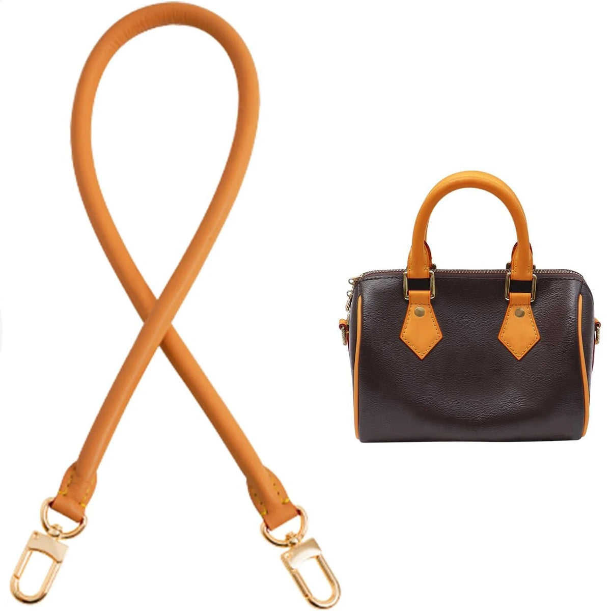 A genuine leather replacement shoulder strap in tan leather is shown next to a dark brown handbag.