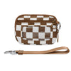 A brown and white checkered wallet with a clear ID window and leather strap.