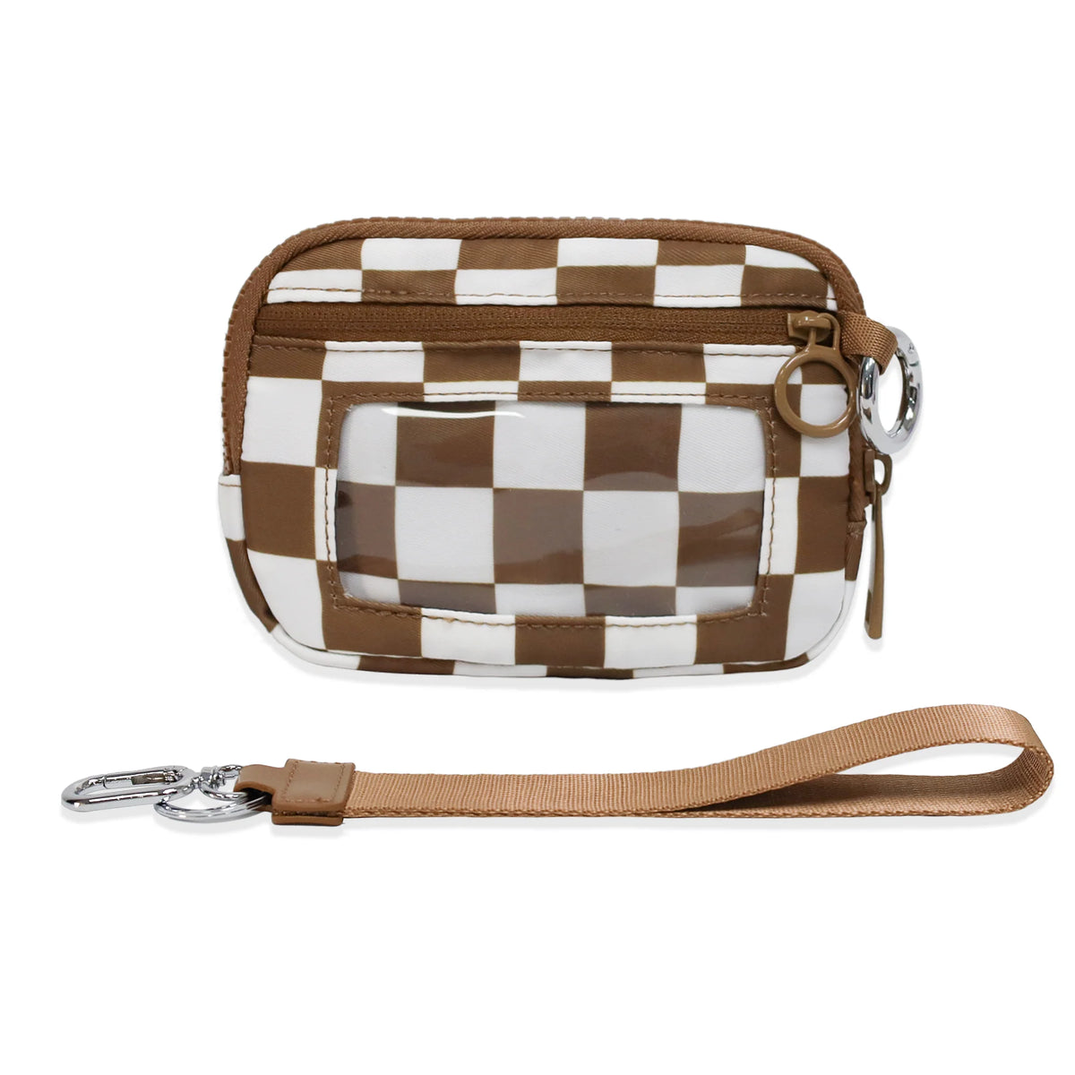 A brown and white checkered wallet with a clear ID window and leather strap.