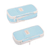 Light blue pencil case with a clear plastic window and a small tag for students