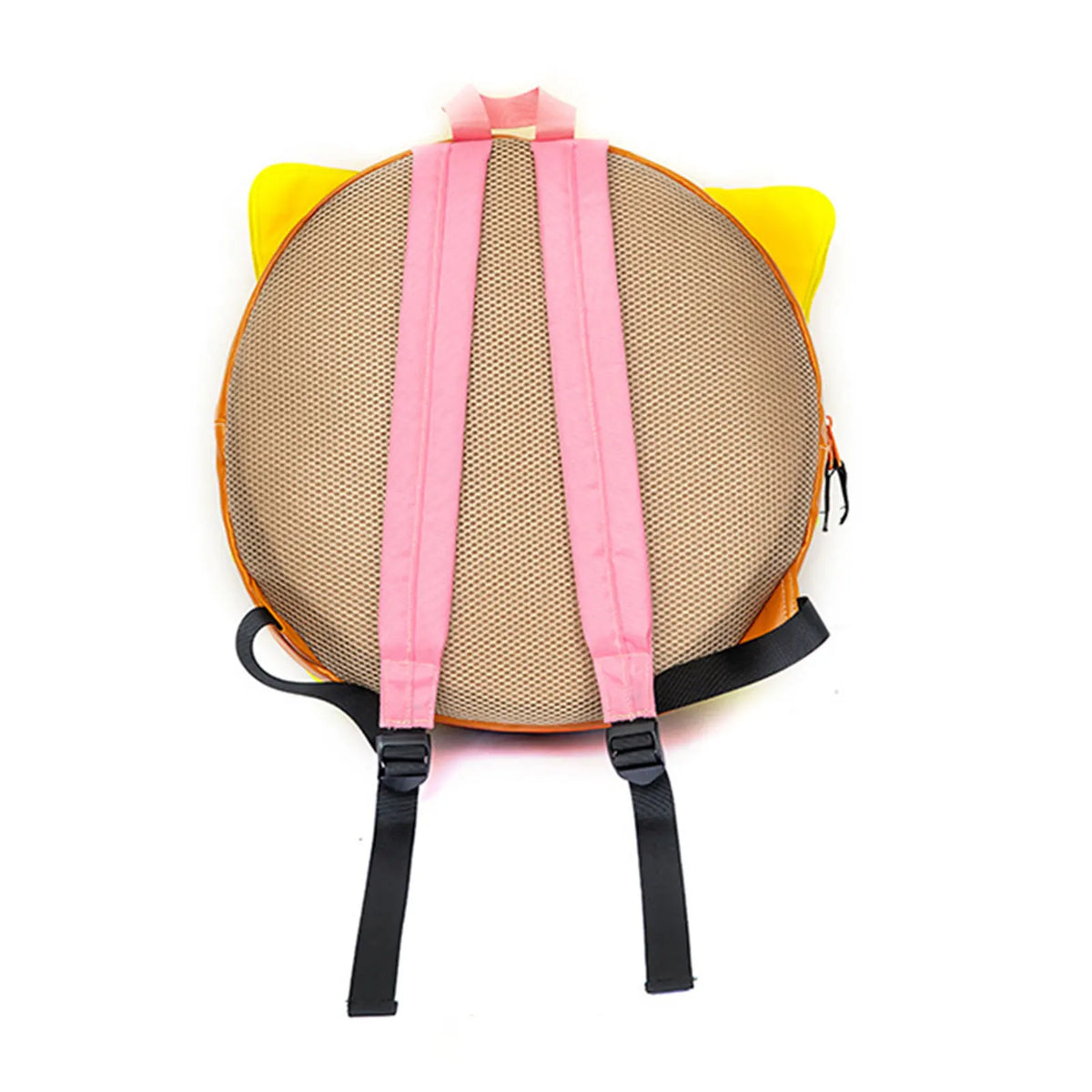 A pink and orange novelty backpack shaped like a cheeseburger.