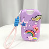 A purple EVA protective case for a hand sanitizer spray featuring a star, rainbow, and flower design with a blue charm keyrin