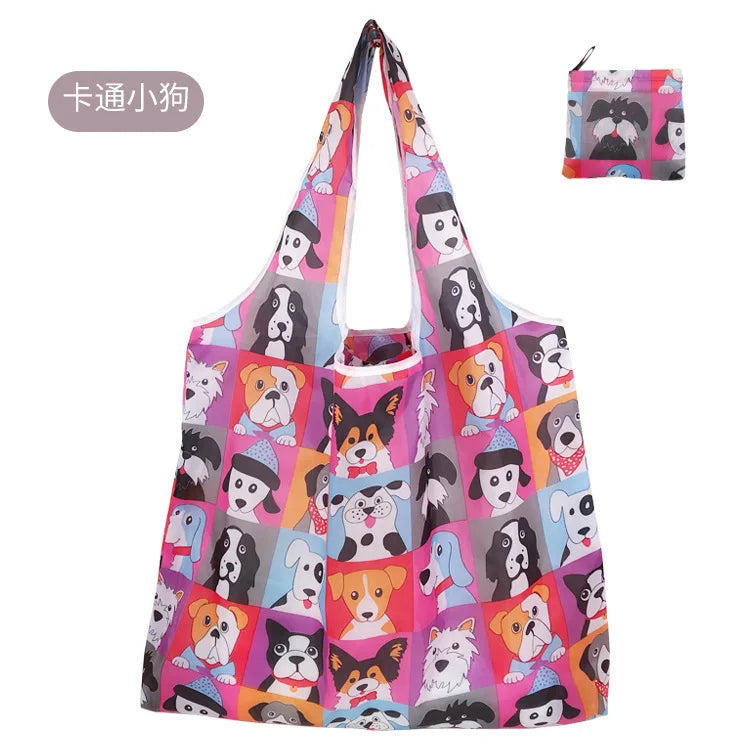 A colorful reusable shopping bag featuring a dog face design.