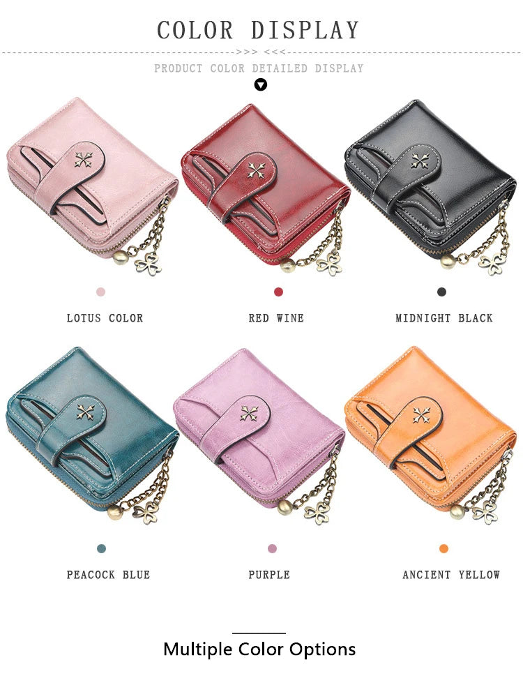 A display of multiple color options for a women's PU leather compact wallet featuring various shades including lotus color, r