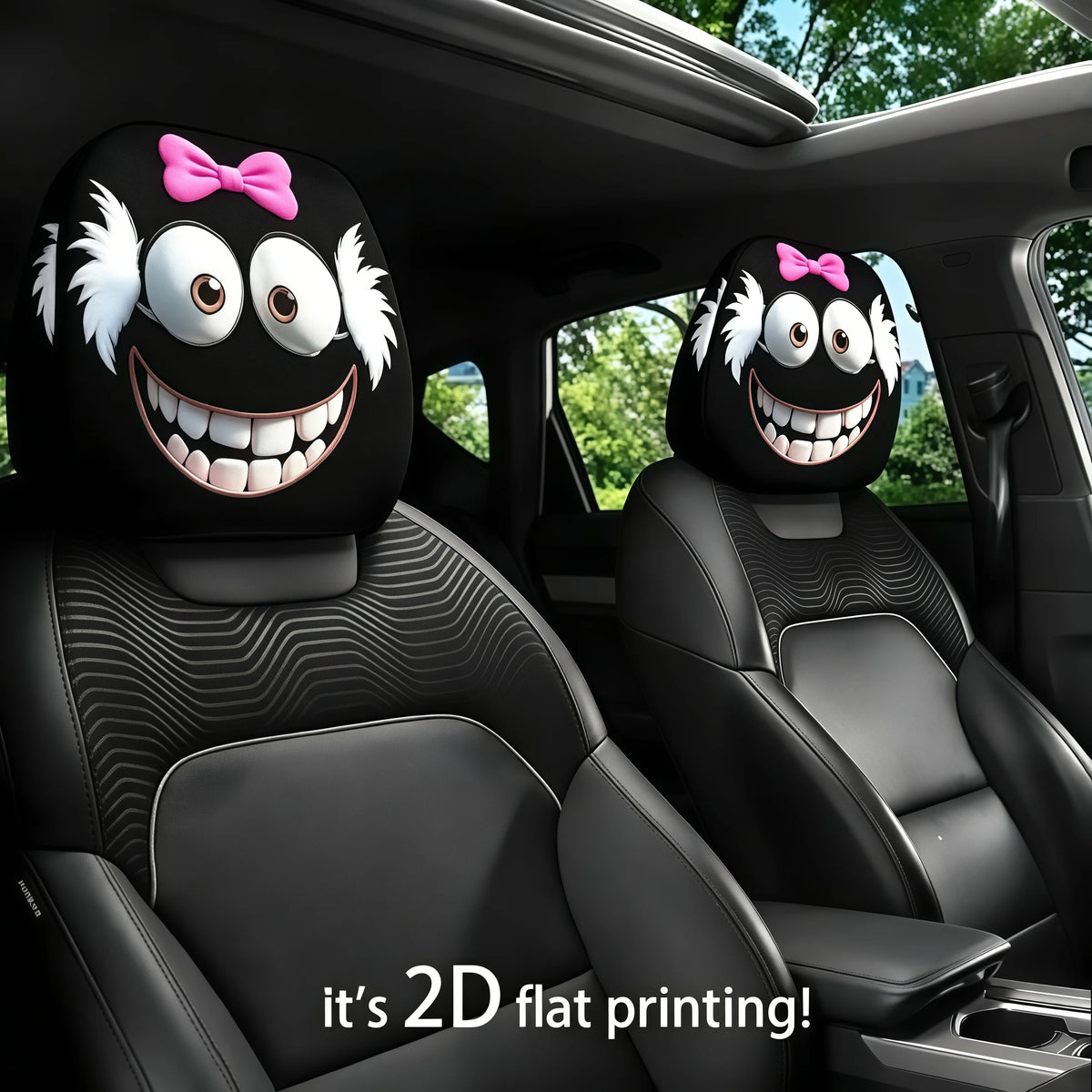 Two black headrest covers with white fur and pink bows are installed in a car seat interior.