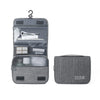 A gray portable waterproof toiletry washbag with a hanging hook, shown open and closed.