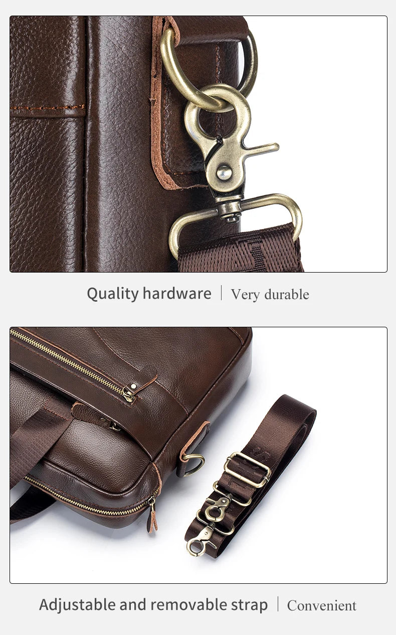 Close-up of a brown leather laptop briefcase showing durable hardware and an adjustable strap.