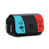 A black double-layered flip pen case with a blue and red design and game controller buttons.