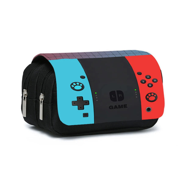 A black double-layered flip pen case with a blue and red design and game controller buttons.