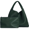 Dark green handwoven faux leather tote bag and matching clutch