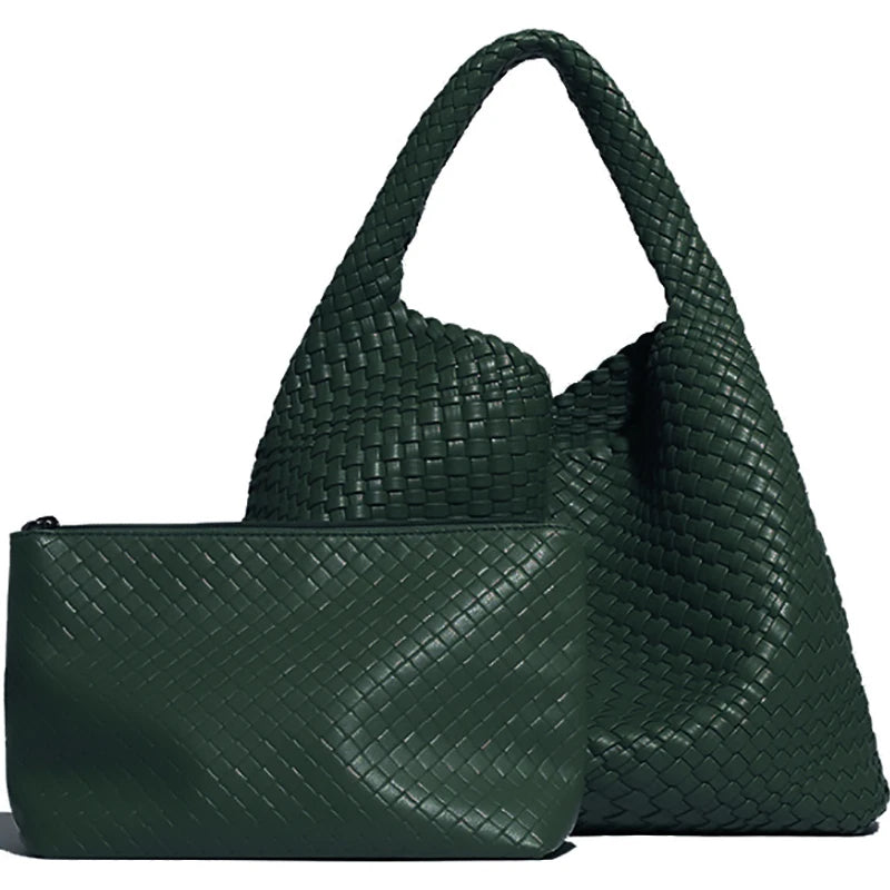Dark green handwoven faux leather tote bag and matching clutch