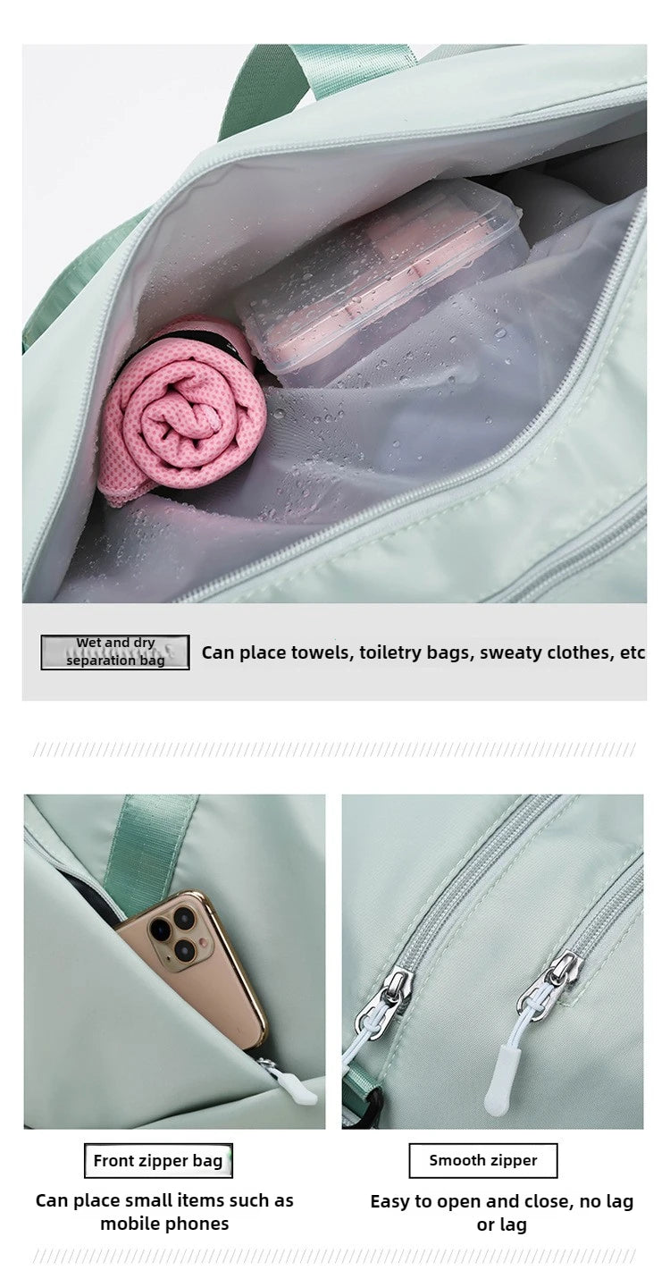 A light green duffel bag showing features like a front zipper and a separate section for wet and dry separation.