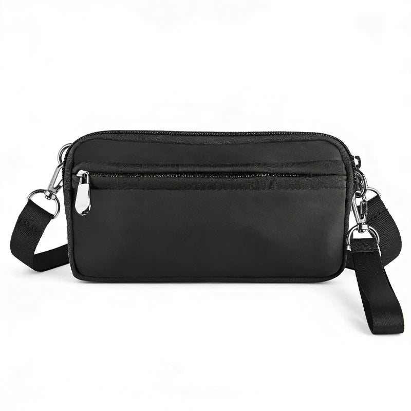 Black premium zipper phone pouch with an attached wrist strap.