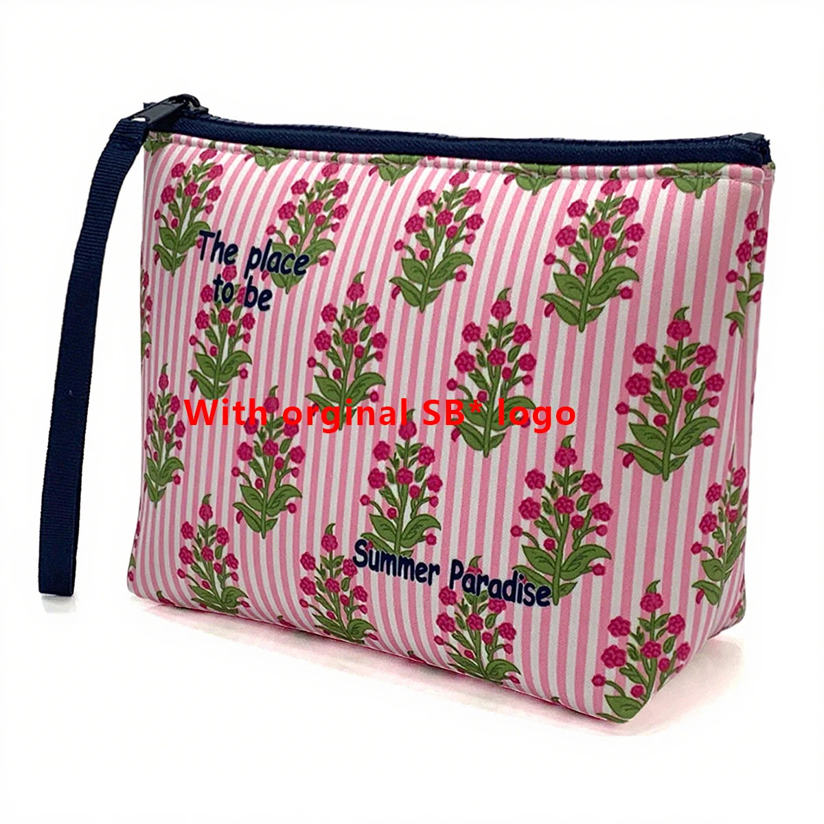 Bolsa cosmética a rayas rosa y blanca con estampado floral verde que dice The place to be y Summer Paradise