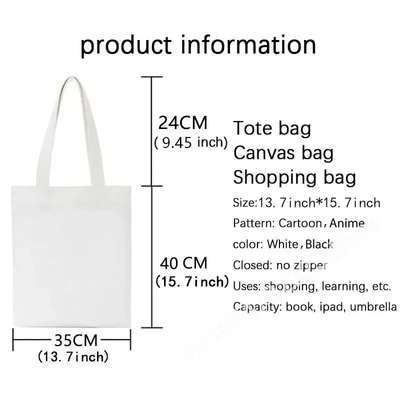 White canvas tote bag with handles shown next to a measurement guide.