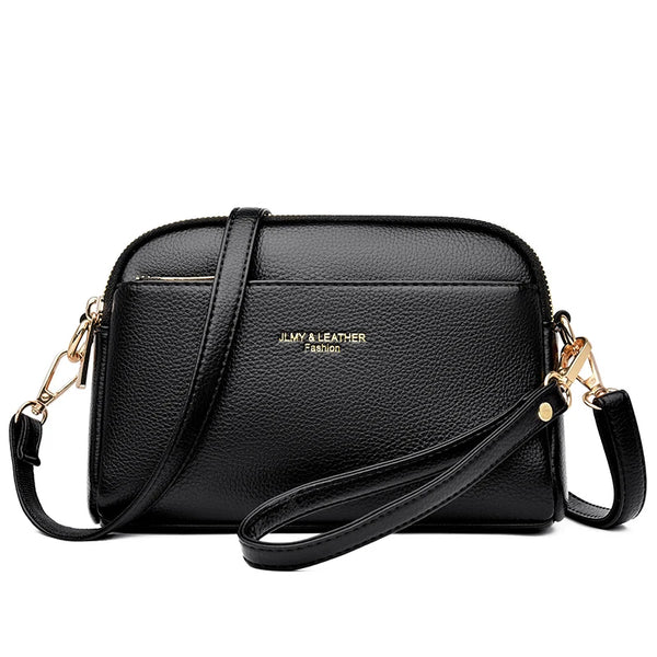 Black PU leather trendy shoulder crossbody bag with gold hardware