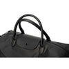 A black durable nylon travel duffle bag with leather handles shown from the side.