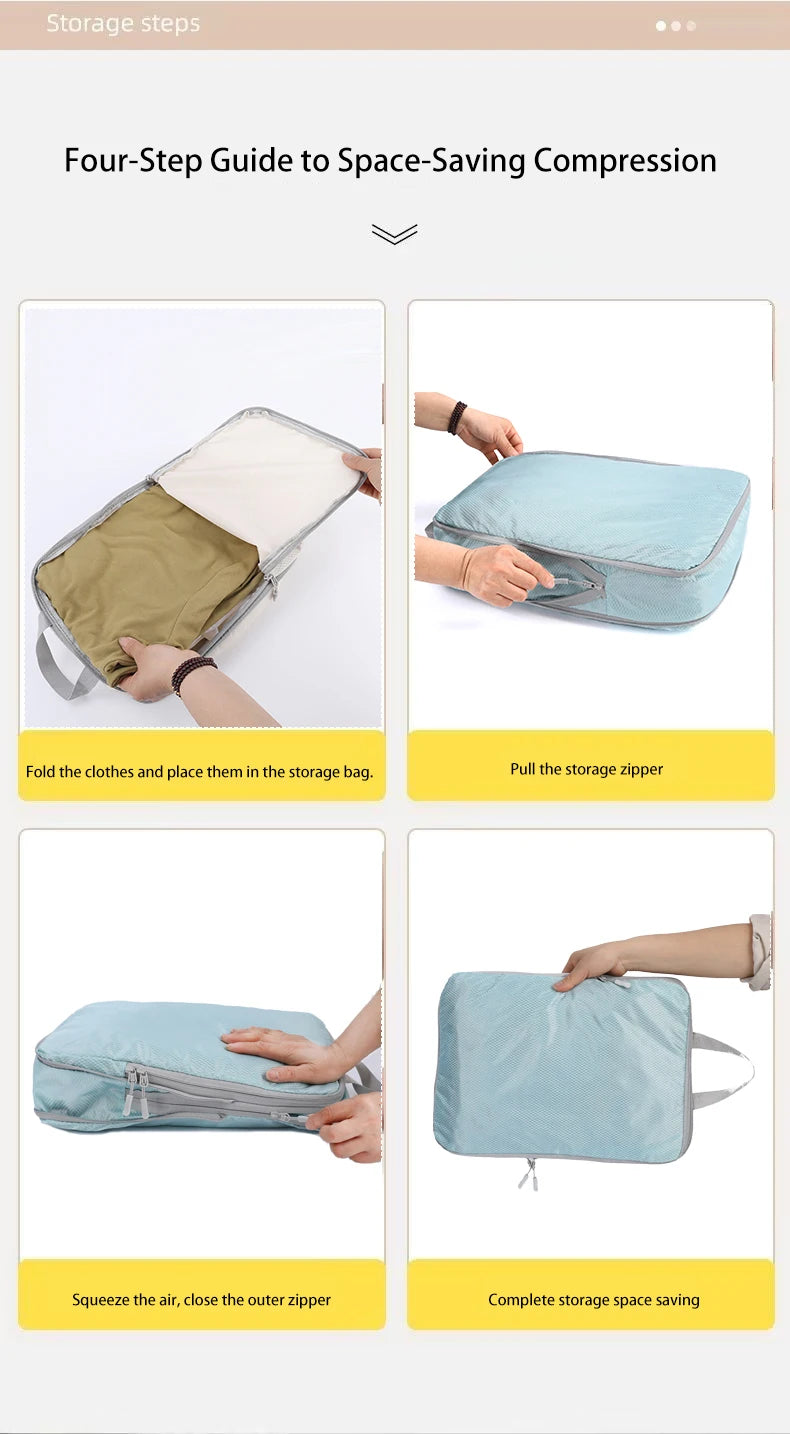 Four steps guide showing how to use a storage bag for space-saving compression and storage.