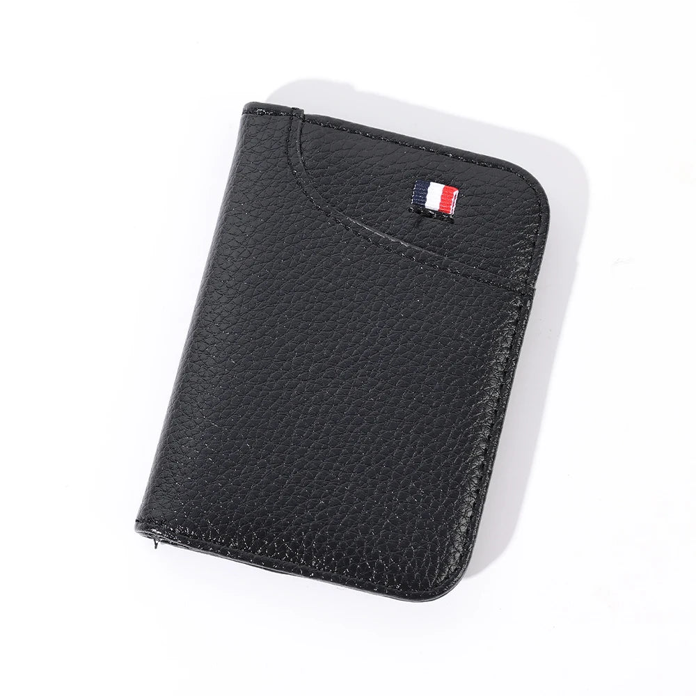 Black slim PU leather credit card wallet with a French flag detail