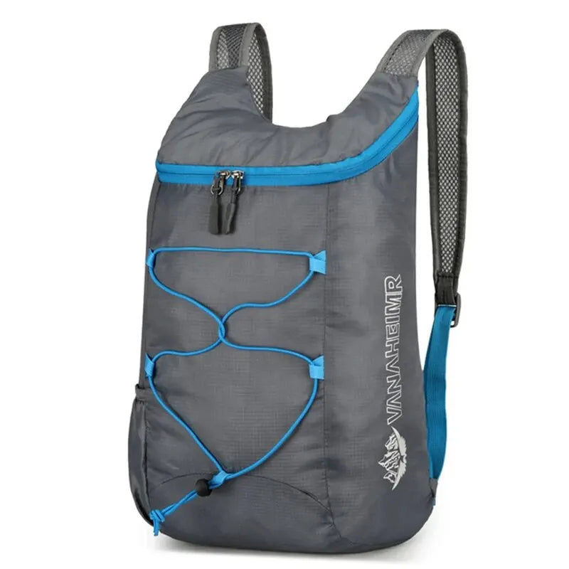 A gray and blue multifunctional outdoor folding backpack with black straps and a zipper.
