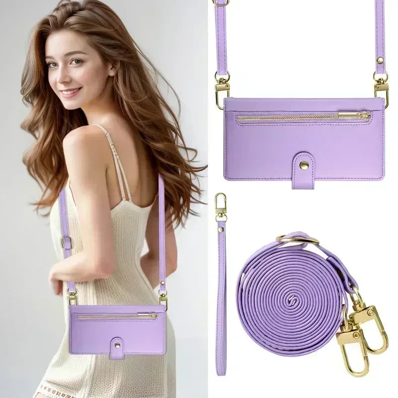 A woman models a purple leather crossbody phone case for an iPhone.