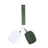 A mini nylon zip wristlet coin purse with a green strap and white trim.