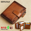 A brown leather wallet with RFID protection features is shown open on a beige background.