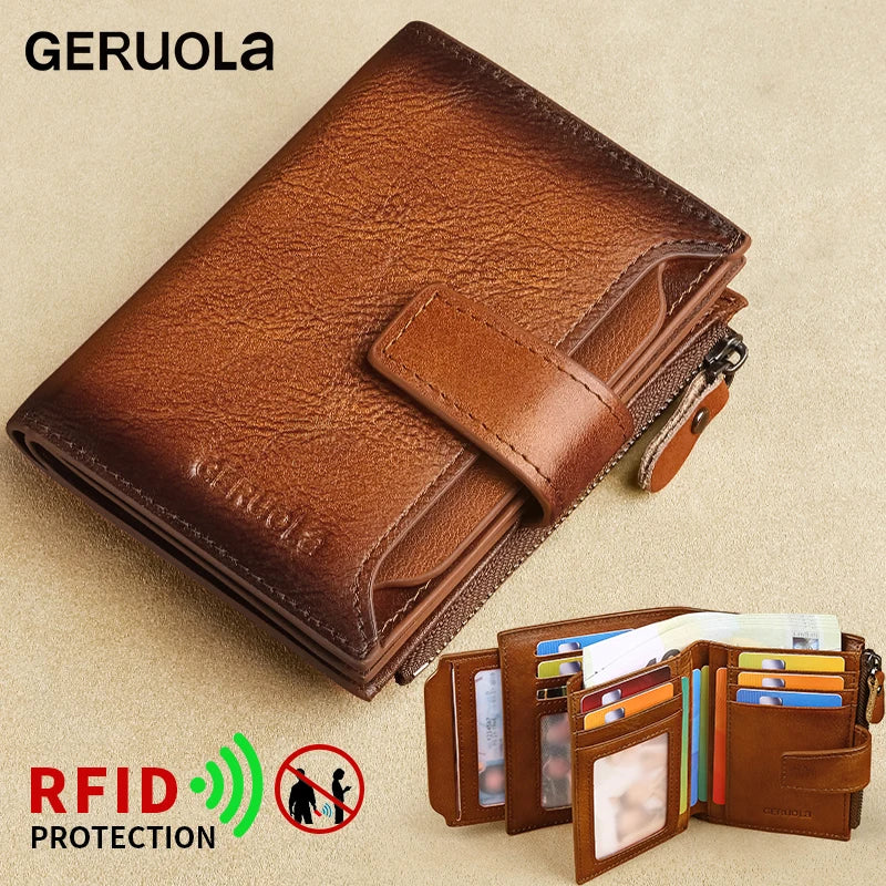 A brown leather wallet with RFID protection features is shown open on a beige background.