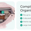 Interior organization of a pink quilted puffy tote bag showing compartments for a laptop and various items
