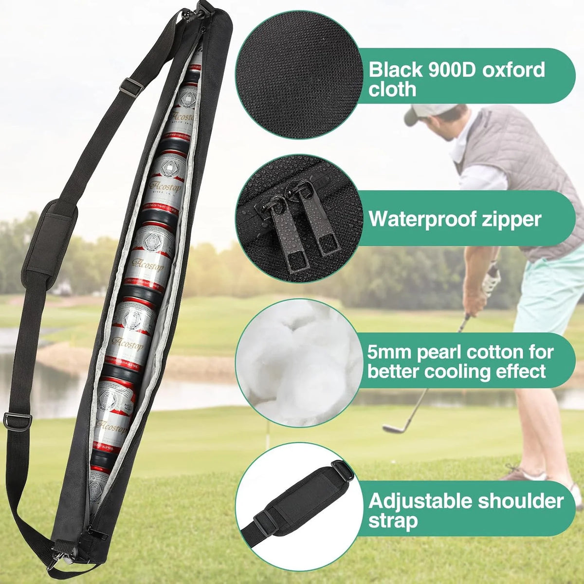 A black insulated golf bag sleeve featuring a waterproof zipper, pearl cotton for cooling, and an adjustable shoulder strap.