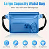A light blue waterproof waist bag designed to hold cell phones, keys, cards, cash, and earphones.
