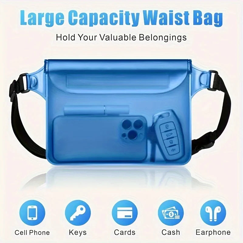 A light blue waterproof waist bag designed to hold cell phones, keys, cards, cash, and earphones.