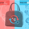 A dark blue insulated lunch bag is shown with a temperature indicator, positioned between graphics for keeping hot and cold.